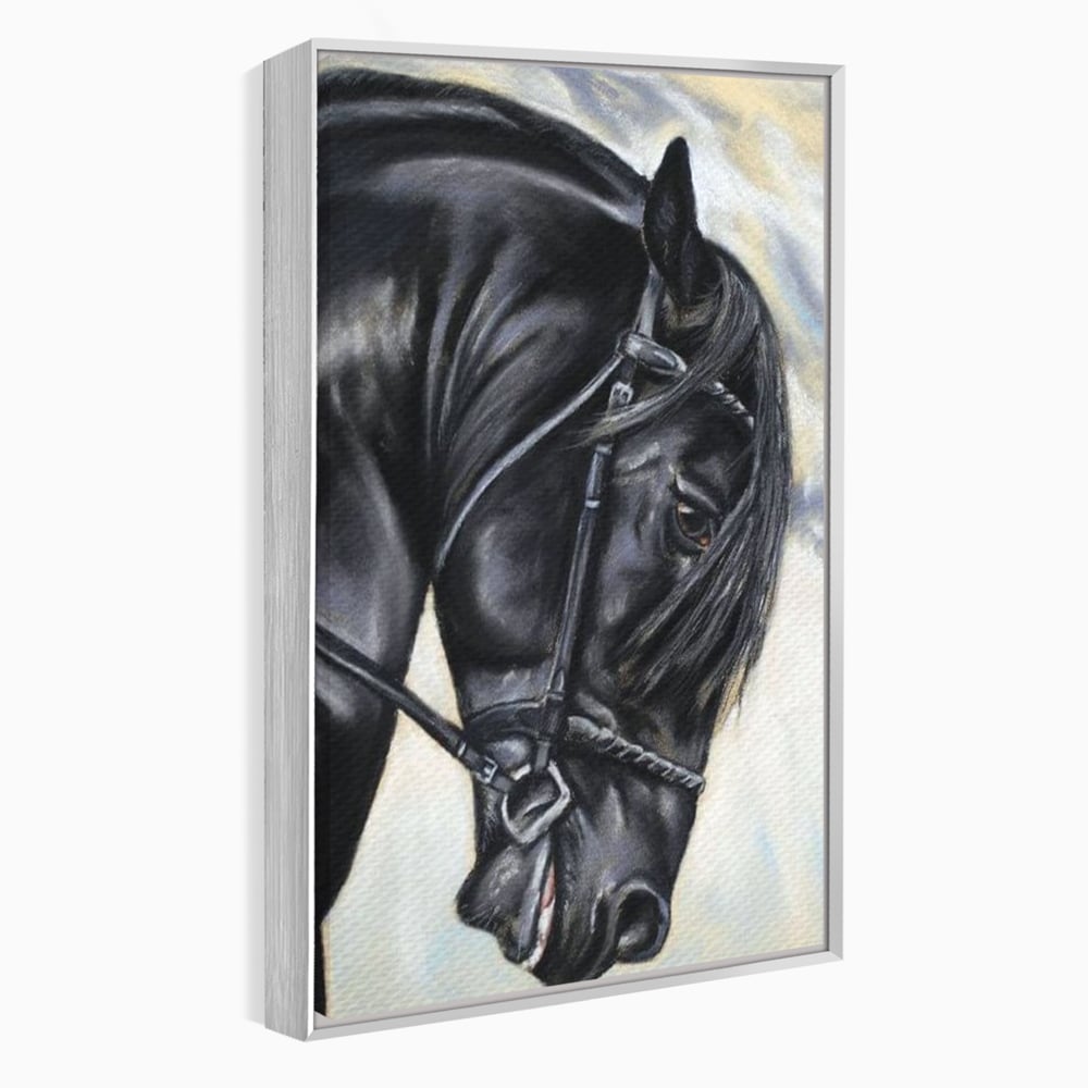 Tablou canvas cu tablou canvas cu pictura de armasar negru in profil, in rama de aluminiu argintiu